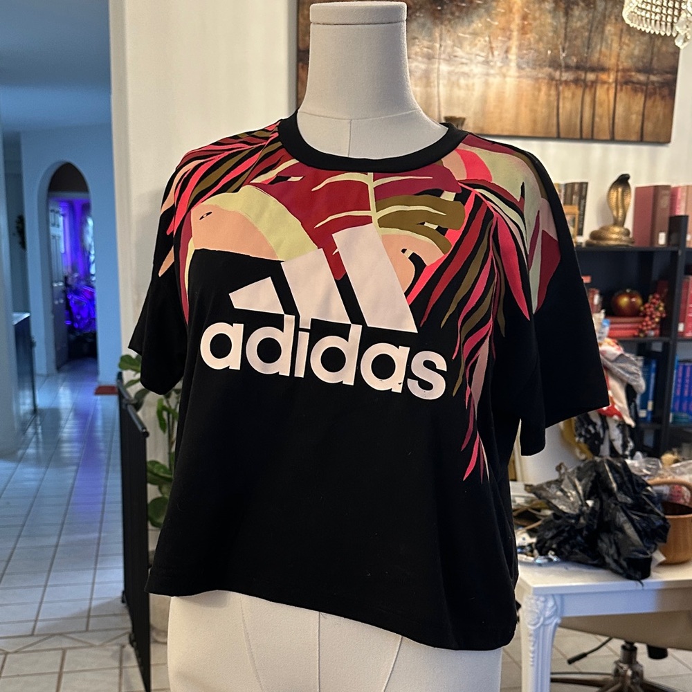 Adidas Women's Black and Pink Tropical Tee